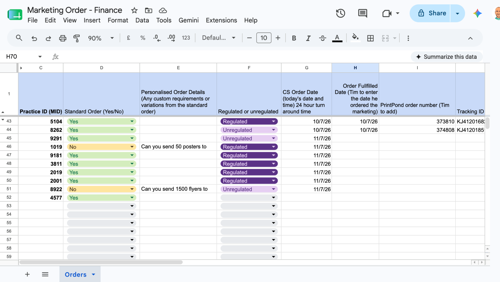 Cleaned up order spreadsheet with fixed dropdown values